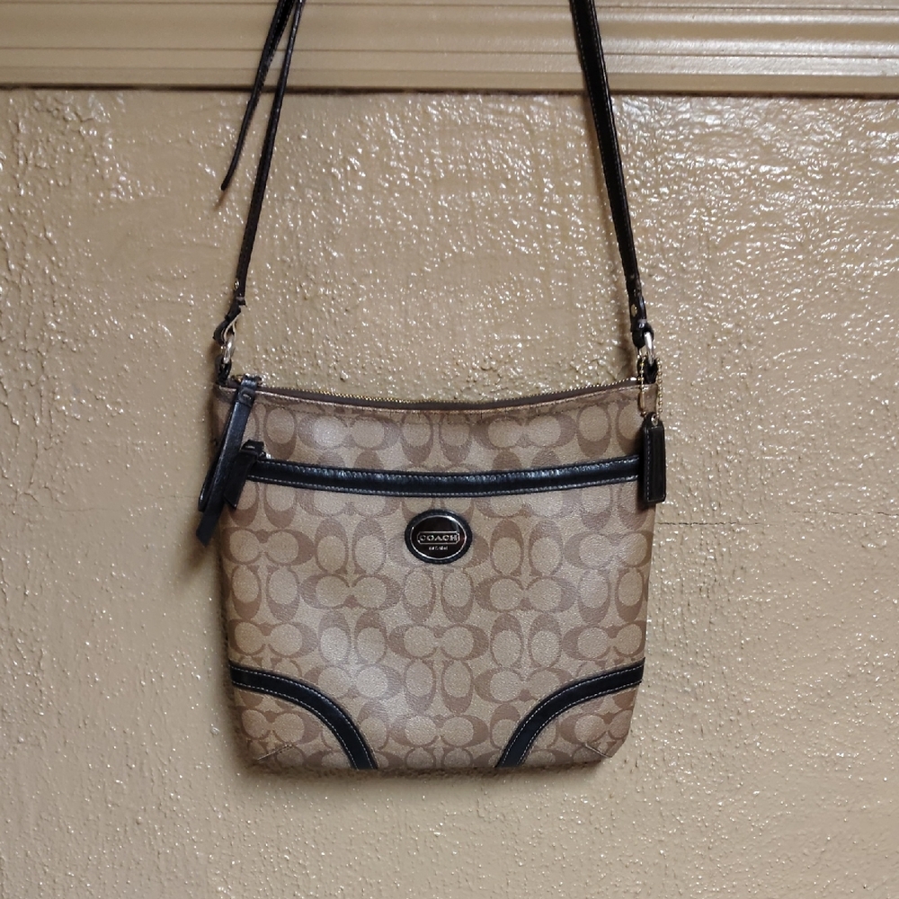 Coach Signature Beige and Black Crossbody Bag